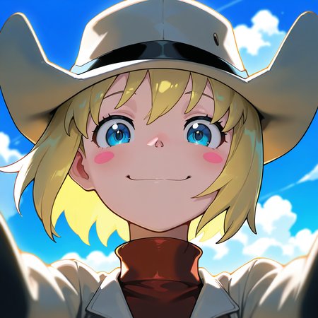 masterpiece, best quality, amazing quality, very aesthetic, absurdres,  newest, volumetric lighting,
souleaterstyle,patricia,
1girl,solo,looking at viewer,blush,smile,short hair,blue eyes,blonde hair,hat,sky,day,cloud,turtleneck,blush stickers
,masterpiece, best quality, amazing quality, very aesthetic, absurdres,  newest, volumetric lighting,
, <lora:soul_eater_illustrious:0.8>,