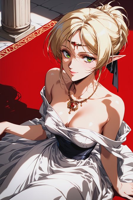score_9, score_8,  score_7, score_6_up, score_5_up,
deedlit, circlet, white dress, ball gown, (updo), short hair, bare arms,
beautiful face, 24 years old,
smile, green eyes,
bangs, 
record of lodoss war,
upper body,
palace, indoor, red carpet, medieval style dress, off shoulder, from above, 
<lora:Degen_Deedlit_v1:0.55>,  <lora:TOO_NobuteruYuuki_v3B_PonyXL:0.55>,  <lora:PirotessXLpony001:0.3>,  <lora:Urushihara Satoshi_XL_PONY_V2:0.4>,  <lora:Sinozick_Style_XL_Pony:0.2>,  <lora:DefaultZ17:0.2>,  <lora:style1:0.2>,   <lora:pixivtext2:0.2>,