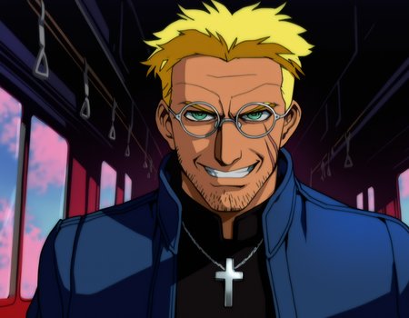 masterpiece, absurdres, best quality, refined digital art, 
alexander anderson, 1boy,   glasses, blonde hair, solo, facial hair, stubble, green eyes, cross necklace, grin, jacket,scar, scar on face, dark skin, train interior, shadow,
cinematic, anime screencap, character art, , clear lines, soft colors, anime aesthetic, 1990s, 
artist: hungry clicker, artist: optionaltypo,
<lora:Hellsing classic Illustrious:0.75>