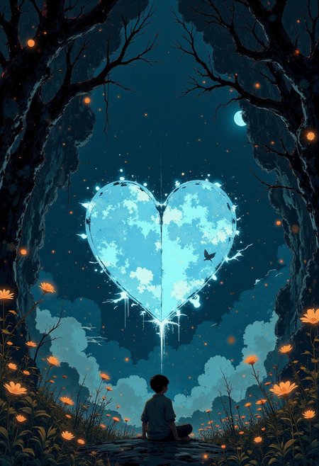 An immense cavern stretches endlessly, its walls covered in bioluminescent fungi that emit a soft, melodic hum. In the center, a glowing crystal heart, the size of a mountain, beats rhythmically, sending pulses of light through the cavern. A boy with a body made of fragmented glass sits cross-legged in front of the heart, his shattered pieces slowly floating upward and merging into the crystal. Surrounding him, ghostly apparitions of his past selves argue over whether he should give himself entirely to the heart or keep what remains of his individuality. As he reaches his decision, the crystal heart cracks, and the cavern begins to collapse, transforming into an infinite labyrinth of light and shadow.