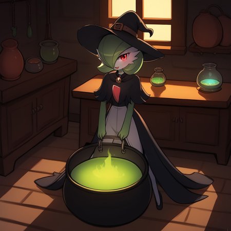 score_9, score_8_up, score_7_up, score_6_up, score_5_up, score_4_up,
 cartoon style, cartoony style,
 luminekoStyle,
1 girl, gardevoir, green_hair, green_skin, hair_over_one_eye, 
full body, witch clothes, , cottage, cauldron