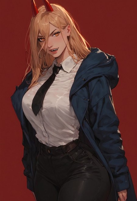 1girl, p0w3r0x1, long hair, blonde hair, red horns,demon pupils, bangs, blue jacket,white collared shirt,black necktie,black pants, muscle thighs, anime artwork, score_9, score_8_up, score_7_up, score_6_up, score_5_up, bimbo, massive ass, <lora:floox2:1>, big ass, gigantic ass, thicc, big breasta, <lora:Expressive_H:1>, red pubes, oiled up body, perfecteyes, <lora:face:0> dominant face,  seductive face, seductive pose, close up, orange eyes, orange eyes, red background, sharp teeth, wide hips, big thighs, tiny waist, huge ass, skinny, slim