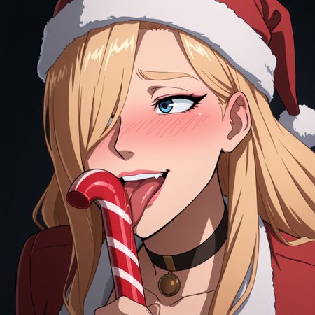 (C4NDYC4N3:1.4), an anime style image, absurdres, best quality, hyper-detailed, dynamic, (E55IL1TTL3EY3:1.4) an adult female is licking a candy cane, Anime coloring, (1girl), (solo) wavy hair, long hair, hair over one eye, blue eye, blonde hair, breasts, large breasts, pink lips, collarbone, makeup, blonde eyebrows, choker, anime coloring, makeup, blushing, embarrassed, eyelashes, (licking), C4NDYC4N3, candy cane. tongue out, tongue, upper teeth, smile, face focus, looking to the side, blushing, embarrassed, red coat, santa hat, christmas, masterpiece, best quality, good quality, newest,