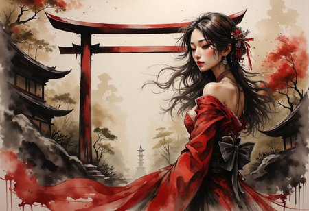 Watercolor Ink Wash, Inkplash art on rice paper, sepia, henna , Silhouette Art, magnificent, stunning japanese woman, long flowing hair, sidelocks, dark eyeshadow, silhouetted at night, red dress walking from left to right in front of torii gate, bokeh, chiascuro, dark abstract background