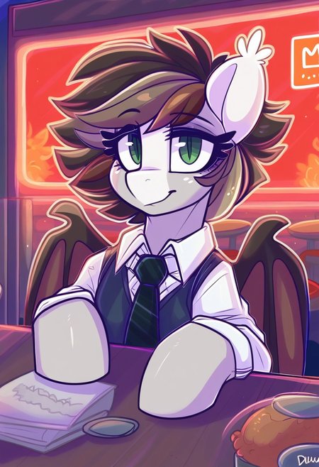 score_9, score_8_up, score_7_up, score_6_up, masterpiece, pony, my little pony, 
solo, female, 1girl, feral pony, necktie, vest, bat pony, pony, female, brown mane, N3WSFL4SH, green eyes, front view, smile, happy, looking at viewer, by dimwitdog, vml, 
diner, night, sitting, booth, table