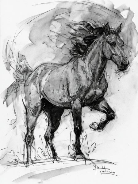 Art by Patrick Jones. Shading, Freehand Drawing, Loose Lines, Gestural, Outline. A black and white, monochrome, pencil drawing of a horse in a dynamic pose. the horse is standing on all fours, with its full body facing the viewer and its mane flowing in the wind. it has a muscular, athletic build with a prominent mane and tail, and its eyes are focused intently on the viewer. the background is a simple, abstract blend of light and dark tones, with a few brush strokes adding texture and depth to the overall composition. the artist's signature is visible in the bottom right corner of the image, adding a touch of realism to the otherwise monochromatic scene. the style is reminiscent of modern art, with bold lines and smooth shading that create a sense of movement and energy, making the horse appear almost lifelike.