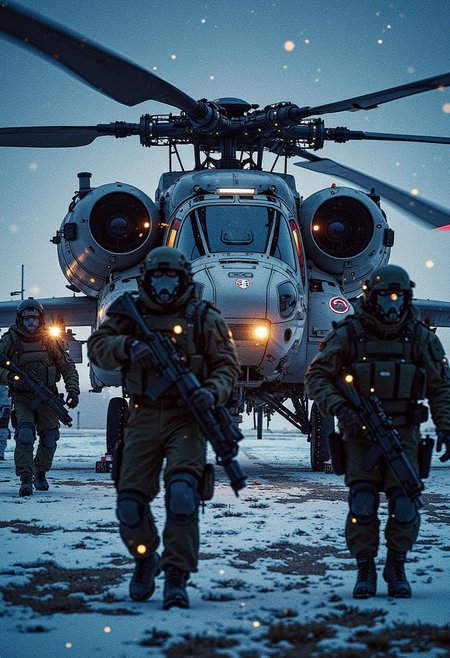 silhouette art, chiascuro, a group of soldiers approach a futuristic, highly advanced attack helicopter on a military runway amid a snowy landscape at night. The hull is white and grey winter camouflage, with small red livery and military insignia details, and the helicopter has large guns mounted on the exterior; the cockpit shows glowing led lights, and has a large air intake, motion blur on the rotor blades (black with yellow highlights)