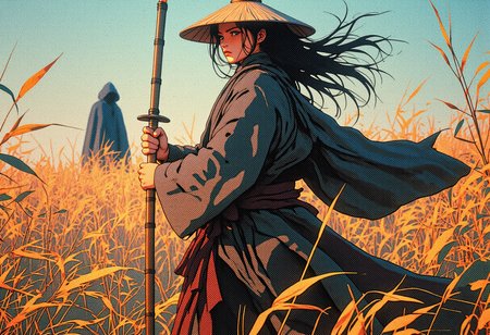retro anime style, mythp0rt, In a dense field of swaying reeds, a female samurai stands ready for confrontation, gripping a long bamboo staff with both hands. Her eyes are fixed on a distant figure—a mysterious opponent draped in a black cloak and wearing a wide-brimmed bamboo hat. The wind sweeps through the tall reeds, bending them with its force, while also sending the samurai's flowing hair and oversized, tattered attire billowing around her. The bamboo staff she holds is steady and firm, an extension of her determined stance. Her gaze is sharp and unwavering, locked onto her opponent as the wind amplifies the sense of anticipation. The charged atmosphere signals that the imminent clash will be intense, with the entire landscape seeming to hold its breath in anticipation