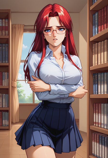 score_9, score_8_up, score_7_up, best quality, intricate details, rating explicit, BREAK 1girl,
<lora:Yuka_Ijima_Pony_v01:0.8> yukaijima, red hair, blue eyes, , Expressiveh <lora:Expressive_H-000001:0.8>  solo, book hug, crossed arms, collared shirt, pleated skirt, glasses, embarrassed, parted lips, blush, bookshelf,