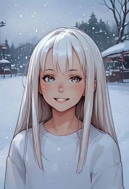 score_9, score_8_up, score_7_up, zPDXL, jeffmacanolistyle, 1girl, long hair, white hair, bangs, rede eyes, smiling, snowing, looking at viewer, colored sketch
 <lora:JeffMacanoli_Style_PDXL:0.90>