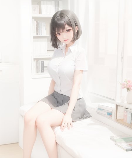 best quality, 1girl,sitting on the bed,indoors, windows back in the left,big breasts, bookshelf, (black hair),school uniform, kpop idol,