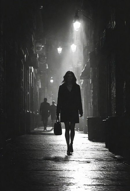 cinematic photo dark photo of a woman walking down a city street alone  <lora:Into_Darkness:1>, 35mm cinematic , film, bokeh,  professional, 4k, highly detailed, 35mm photograph, film, bokeh,  professional, 4k, highly detailed