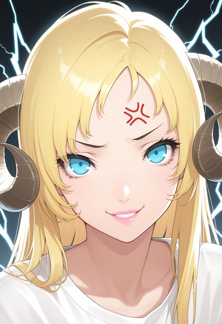 masterpiece,best quality,amazing quality,  BREAK  <lora:CatyuhaClassic:1> catyuha, 1girl, curled horns, blonde hair, blue eyes, long hair, anger vein, parted lips, smile, looking at viewer, sheep horns, portrait, white shirt, electricity, lightning, close-up, pink lips, straight hair