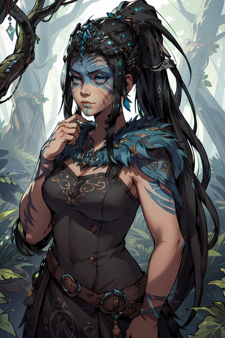 (masterpiece, best quality:1.2), celtic tiara, black hair,  <lora:SenuaHell:0.7>