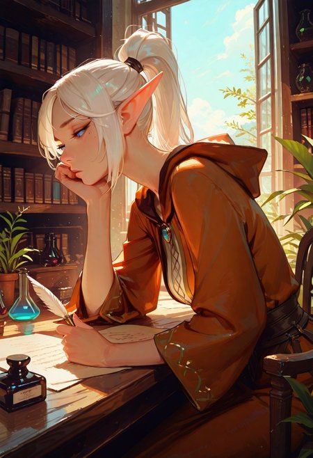 Artist : Tsuaii, Artist : Incase, masterpiece, best quality, ultra-HD, raytracing, volumetric lighting, ambient occlusion, masterpiece, best quality, very awa, absurdres,
1girl, elf, solo, mole under right eye, blue eyes, medium breasts, white hair, high ponytail, mage robes, sitting, side view, desk, chair, parchment, bookshelf, flask, gem, inkwell, quill, head rest, holding, holding quill, day, plant, potted plant, sky, window, windowsill, writing,
