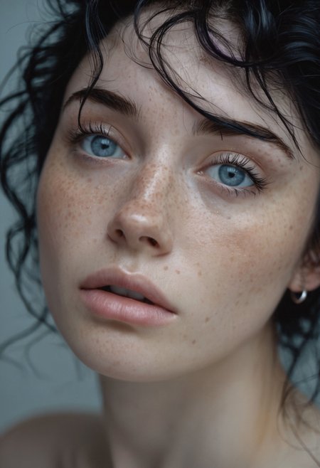 (sensual mood Soft Lighting Photography), stunning medium format portrait photo, in the style of Miles Aldridge , Alessio Albi, 21yo (woman), epiCPhoto, ArtfulNSFW, irresistibile beauty, frontal view, revealing cleavage, small round shaped breasts, black messy hair with purple reflexes, pale skin, freckles on nose, (half-top view), east-european etnicity, detailed gray eyes, perfect beautiful eyes, extended dark eyes makeup , delicate features , light blushing, emotive, sad expression, highly detailed, detailed realistic photography, masterpiece, finely detailed skin, emotional, professional color grading, analog Fujifilm colors, moody, epic, gorgeous, film grain, grainy, <lora:skinXL:0.25>,  <lora:VintageNude:0.5>,  <lora:MJ52:0.5>