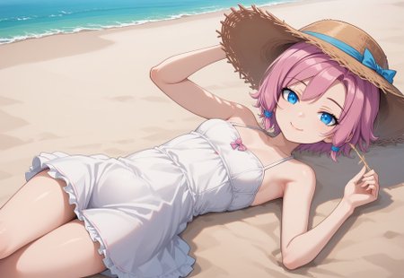 score_9, source_anime, solo, 1girl, maeve, pink hair, short hair, blue eyes, white dress, lying, beach, sand, straw hat, smile, 