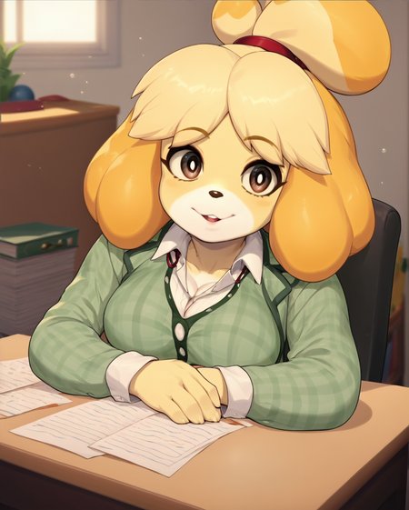 score_8_up, score_7_up, score_6_up, score_5_up, score_4_up, anime screencap, looking at viewer,
<lora:Isabelle (Autism SDXL)-000009:0.7> 1girl, solo, isabelle (animal crossing), blonde hair, animal ears, furry
upper body, 
office, desk
<lora:GreemBang (Pony XL):1>