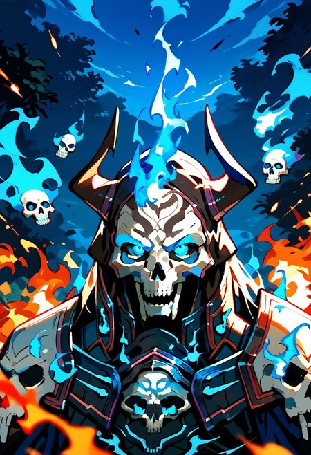 score_9,score_8_up,score_7_up,source_anime, king_hassan_(fate),solo,looking at viewer,blue eyes,1boy,upper body,male focus,horns,armor,mask,glowing,fire,glowing eyes,skull,blue fire,burning,skull mask,