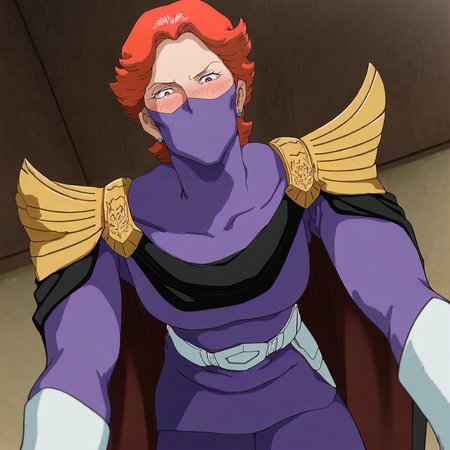 <lora:GOKycilia>,
masterpiece,best quality,good quality,newest,
blush,
looking at viewer,from below,
solo,
GOKycilia,1girl,orange hair,mask,ninja mask,red eyes,earrings,
purple military uniform,white belt,cape,capelet,white gloves,
all fours,