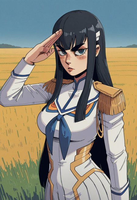 10P3Zstyle, masterpiece, best quality, solo,                                                                                           kiryuuin satsuki, large eyebrows, military uniform, salute, field,