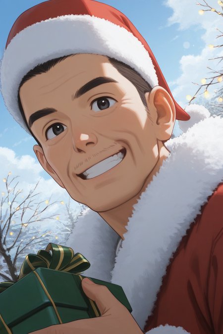 realistic shading, day, snowflake, christmas theme, male focus, looking at viewer, expressive face, holding a gift box, minodaoi, black_minodaoi_short hair, black_minodaoi_eyes, old man, 1boy, smiling, santa claus cosplay, red headwear, fur-trimmed coat, outdoors, christmas lights, bokeh, cloud, centered, dutch angle, dynamic angle, intricately detailed illustration, depth of field, masterpiece, best quality, amazing quality, very aesthetic, absurdres, newest