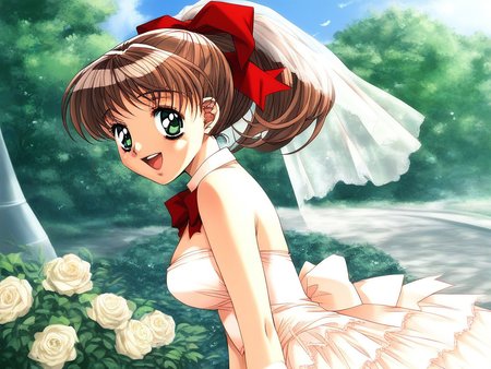 score_9, score_8_up, score_7_up, source_anime, rating_explicit, BREAK  <lora:Sunohara_Suzuha_XL:1>Sunohara_Suzuha, solo, brown hair, green eyes, red bow, hair bow, medium hair, ponytail, medium breasts,
wedding dress, outdoor, day, happy, standing,