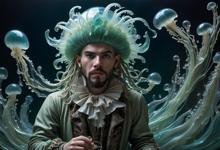 long mid shot portrait photography of an ethereal young  pirate man, fairytale aesthetic. light green sheme, Photorealistic, intricate details, realism, sfw, ultrasharp, photography, floating, water, under water, jellyfish, haute couture, tentacles, bioluminescence