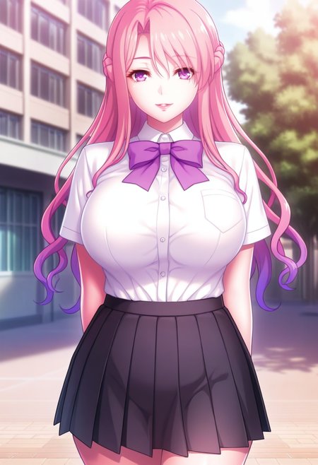 masterpiece, best quality, amazing quality,yurgund, purple eyes, pink hair, long hair,french braid, mature female,1girl, breasts,solo,large breasts,school uniform,pleated skirt,white shirt, black skirt, purple bow,short sleeves, parted lips, light smile, standing,arms behind back, looking at viewer, cowboy shot, blurry background, outdoors, school, cherry blossom <lora:yurgundV1:0.9>