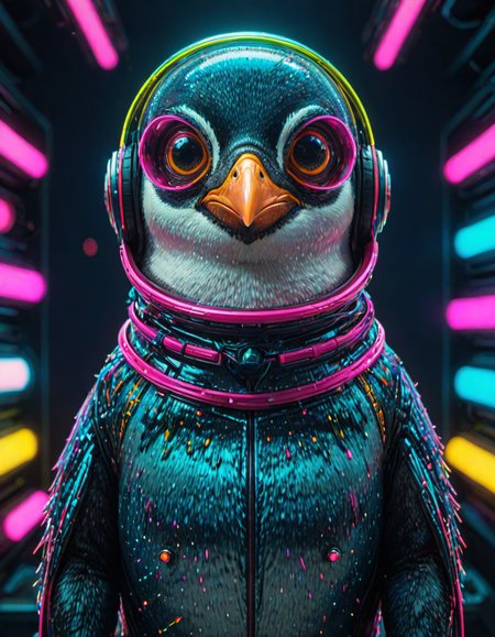 (ombre color scheme of neon pink, neon blue, neon green, neon yellow, neon yellow-red) (in the style of Zdzislaw Beksinski:1.2) (cute:1.25) (anime penguin:1.75) wearing a space helmet sitting at command chair with the lights of the consoles behind, in the style of sci - fi environments, glo - fi, aesthetic, comic, beeple, space background <lora:another-bored-particle:0.55>  <lora:add-detail-XL:0.65>, subsurface scattering, ultra hd, 4k, high def, Photorealistic, Hyperrealistic, Hyper detailed, analog style, realistic, masterpiece, best quality, ultra realistic, 8k, Intricate, High Detail, film photography, soft lighting,  heavy shadow