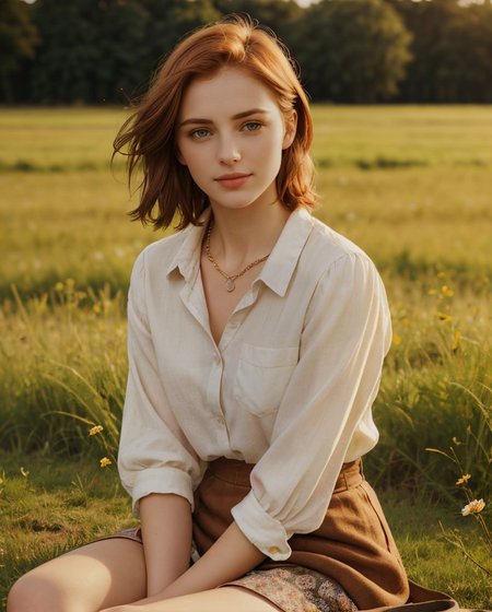 intense stare at viewer, large round eyes, wide cinematic establishing shot seductive young woman sitting having picnic under tree, (bra, young adult irish redhead:1.15), (style of Alessio Albi:1.4), Realist Portraiture, Soft Lighting, Emotional Depth, Simple Compositions, (Layered Depth, Soft focus foreground, Painted Scenery:1.1), alluring feminine physique, 24yo B34U71FU1_CA3LIA attractive irish redhead, short backlit hair, perfect face, thin upper lip, pouting lower lip, thin brows, small upturned nose, bow-shaped lips, large expressive almond shaped eyes, Raised Eyebrows, Focused Gaze, eager expression, quaint farm setting, (relaxed country woman), (tight unbuttoned shirt, thin material), subsurface scattering, classic cotton, soft pastel, intricate embroidery collar cuffs, rolled-up sleeves revealing sun-kissed forearms BREAK (blanket:1.15), rich textures, patchwork design, vibrant colors, detailed stitching, homely aesthetic (skirt), elegant rustic charm, subtle floral pattern, linen, sways breeze BREAK ((wildflower wreath)), crown delicate chain necklace, small, intricate pendant, heart-shaped with floral theme, glowing subtly in the soft light, ethereal quality, [lens flare glinting], (mischievous yet content expression), lush green fields in the background, (soft, sunlit ambiance), simple leather boots, carefree hair  <lora:kodak_ultramax_400:0.8> golden hour, soft golden light, pastel sky, relaxed posture, natural smile, earthy colors, candid moment, trees and flowers in background, leading lines, depth of field, slightly off-center framing, warm tones, cinematic look, natural setting, editorial style, soft textures, subtle lighting, peaceful mood