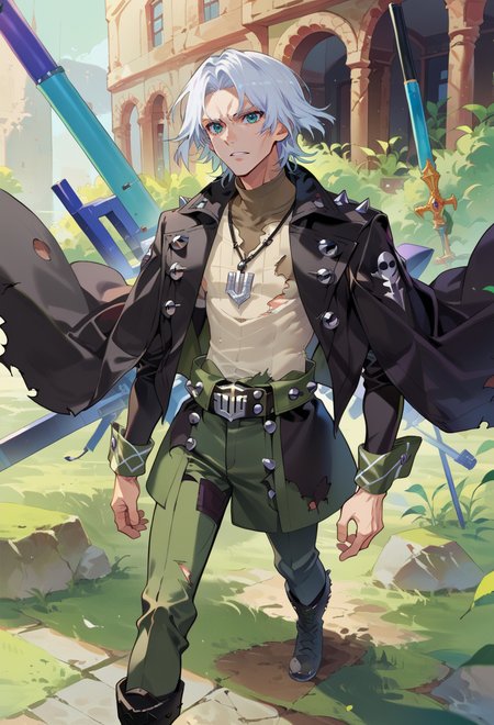 score_9, score_7_up, source_anime, BREAK  <lora:Taiki Dendro:0.9> taiki, art,, solo, 1boy, teal eyes, tsurime, parted bangs, white hair, medium hair, straight hair, shoulder-length hair,, coat, shirt, pants, studded belt, multiple belts, combat boots, torn clothes, necklace, black coat, black and green theme,