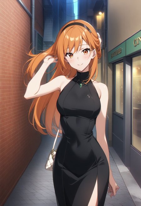 score_9, score_8_up, score_7_up, score_6_up, source_anime. 
BREAK 1girl, solo
BREAK orange hair, orange eyes, long hair, swept bangs, half-updo, Dongtan dress, black dress, glamorous, glitter, hair flip, handbag, hairband, smile, blush, outdoors, city, sidewalk, street