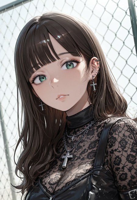 rrmi2, mature female, milf, 1girl, middle-aged, jewelry, solo, chain-link fence, earrings, looking at viewer, fence, dark brown hair, parted bangs, long hair, blunt bangs, portrait, gothic, cross, parted lips, closed mouth, cross earrings, chain, green hazel eyes, piercings, necklace, dynamic dutch angle, detailed lighting, masterpiece, materfully drawn, ultra-HD, best quality, very aesthetic, incredibly_absurdres, highres, latest, year 2025, rrmi2