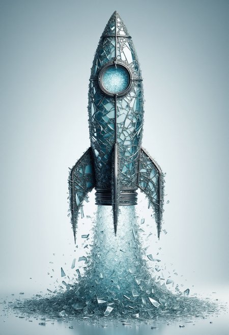 <lora:Glass_Fracture_Former_FLUX-000017:0.9>
This is a digital artwork featuring a stylized, surreal image of a rocket made entirely of shattered glass.