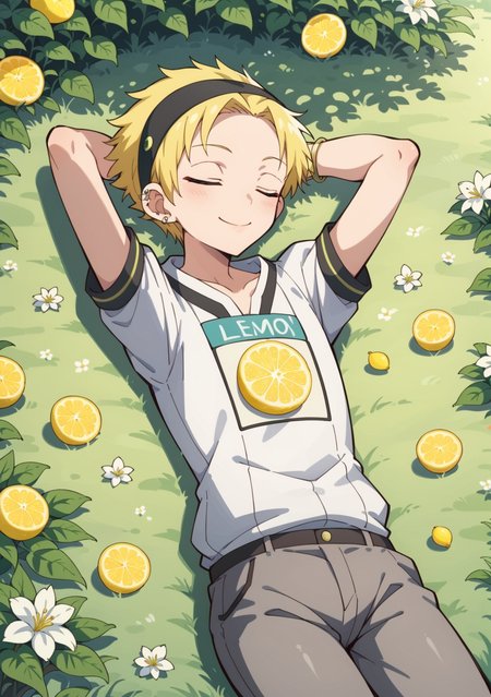 score_9, score_8_up, score_7_up, source_anime, BREAK,  Lemon_Yamabuki(TBHK), 1boy, solo, blonde hair,  short hair, headband, smile, white shirt, short sleeves, bracelets,  black ear piercing, rolled pant sleeves, grey pants, full body, grass, meadow, laying on back, both hands behind head, crossing one leg over the other, closed eyes, sleeping, snot bubble, dreaming, snoring outdoors, barefeet, ((full body)), <lora:Lemon_Yamabuki_TBHK-000010:0.8>