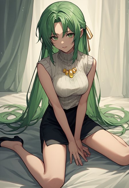 score_9, score_8_up, score_7_up, source_anime,  1girl, kneeling, spread legs,  ShionSW, green hair, long hair, green eyes, hair ribbon, white turtleneck sweater, black pencil skirt, brooch, sleeveless, looking at viewer,    <lora:Wariza 2-000007:1>    <lora:Shion lorer 4:1>