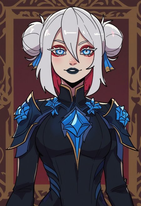 score_9, score_8_up, score_7_up, masterpiece, best quality, detailed face, detailed eyes, BSDBN BREAK 1girl, slim, delicate features, sensual glare, smile, pale skin tone,  blue eyes, makeup, dark lipstick, regal dressing, fur trimmed black dress, white hair with two buns, (hands down), BREAK half-sideways view, medium shot, BREAK simple background