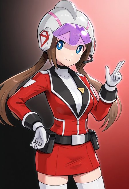 [hinosaki, pokemoa, gonzarez], 2d, masterpiece, best quality, amazing quality, 1girl, solo, close-up, standing, smile, upper body, cowboy shot, looking at viewer, simple background, gradient background, black background, red background, caprosa, blue eyes, white pupils, brown hair, long hair, twintails, bangs, helmet, red jacket, long sleeves, white gloves, black belt, belt pouch, red skirt, zettai ryouiki, white thighhighs