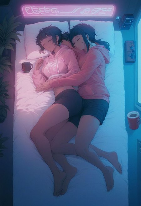 score_9,score_8_up,score_7_up,score_6_up, 2girls, both girls in bed, next to each other, both are sleeping, 2 girls are spooning, spooning, spoon cuddling, cuddling, love, loving cuddle, 
 sleeping in bed next to a large window, eyes closed, sleeping, steaming coffee cup on windowsill, 
wearing croptop hoodie, black croptop hoodie, 
hoodie, black shorts
long hair, black hair, low ponytail hairstyle, head resting on pillow, laying on the bed, plants on the windowsill,  facing viewer,  tidy bedroom, small room, cramped bedroom, teddies on the bed, pink pillows, wearing legging, see through thights, black tights, cyberpunk city view out of the window, neon light, purple neon lights,