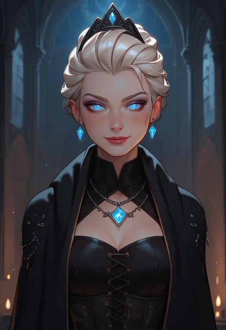 masterpiece,best quality, highly detailed, score_9, score_8_up, score_7_up, score_6_up, score_5_up, score_4_up, Expressiveh, Elsa, solo, portrait, athletic body, looking at viewer, platinum hair, short hair,fully clothed,  
Blue eyes, thick tighs, wide hips, detailed belly, smile, happiness,gothic clothes, black hunter attire,black collar shirt, black hunter corset, tactical pants, combat tiara, daggers ,belts,hunter cloak, sexy, seductive, blush, castle,night, perfect hips, perfect thighs, neckless, black chocker, hair ornaments, full body, heels, boots,  conjuring spell, ancient ice magic , wide hips, thick thighs Flashice glowing runes, graceful, dancer-like movements, ice magic, frost, chilly aura, void magic, breathtaking display of color, Fae, ethereal beauty, supernatural powers, elemental magic, sharp focus, depth of field, Flashice glowing runes,Close up, runes on body, glowing body tattoos, glowing eyes, glowing tattoos, glowing runes,