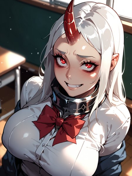 <lora:happy_tentacle-fishharprin-v0.3-000022:0.9>, ht_fishharprin, (huge breasts:0.8), plump, white hair, metal collar, (red eyes, red pupils, bags under eyes:0.8), single horn, (mature female:1.1) , cowboy shot, 1girl, solo focus,(smile:1), indoors, classroom, school uniform , sidelighting, depth of field, from above, (petite:1.2), [(realistic, photorealistic:1.2):(realistic:1.3):22], [(3d:1.3)::12], <lora:LUUNA's Lunas-NijiJourney-SDXL-B2:0.5>, nijijourney, <lora:prgfrg23's Counterfeit-V3.0 Style SDXL_LoRA_Pony Diffusion V6 XL:0.35> <lora:mfcg's mfcgXL:0.1> <lora:Shed_The_Skin's StS_age_slider_v1_initial_release:-1.1>, score_9, score_8_up, score_7_up, score_6_up, score_5_up, score_4_up,