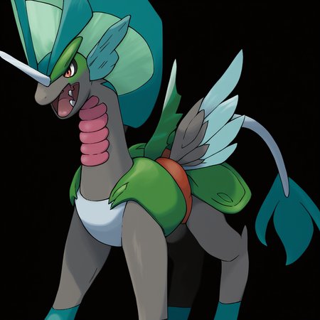 <lora:pokemon_pony_xl:1.0>, Type: Dark Fairy, Type: Dragon Egg Group: Not obtainable The creature's back is adorned with a Green saddle-like marking, indicating its rank within its social hierarchy,The monster's burps are accompanied by a Turquoise mist that smells distinctly of its last meal.,Its tail ends in a Green orb that glows when it's excited or in danger,It has a pair of large, White wings that resemble those of a Okapi, allowing it to glide silently,It possesses a Gray frill around its neck, which it can erect to appear larger to predators,The creature's scales can interlock creating a Indigo armor that is nearly impervious to Electric attacks,Its skin is dotted with Pink luminescent spots that guide its path in the deepest darkness of its habitat,The monster's yawn opens a gateway to a Maroon dimension visible only in the brief moment before it closes,The creature's nails leave a Cyan trail on surfaces they touch like paintbrushes dabbing the world in their hue,Its belly scales can vibrate, producing a soothing hum that calms allies, score_9, score_8_up, score_7_up, score_6_up, score_5_up, score_4_up.  Simple black background, (Masterpiece:1.3) (best quality:1.2) (high quality:1.1)