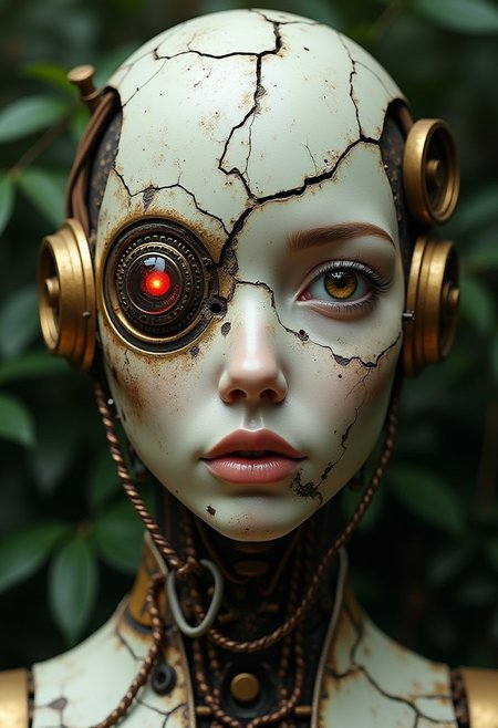 steampunk android portrait, cracked brass face with exposed cybernetics. Hyper-realistic details,  human eyes, one framed by intricate mechanical eyelid. Weathered off-white surface, etched with fine fracture lines and rust stains. Hard, lifelike lips contrast with silicon rubber skin. Segmented panels reveal glimpses of retro steampunk circuitry beneath. Delicate nose sculpted with artificial precision. Visible joints, bolts, welding, and seams along cheekbones and forehead. One eye socket houses glowing red Incandescent bulbs. Tangle of obsolete wires and tubes at neck. Lush, overgrown backdrop hints at post-apocalyptic setting. Harsh, dramatic lighting emphasizes textures. steampunk aesthetic meets baroque detailing. Ultra-high resolution, photorealistic rendering.