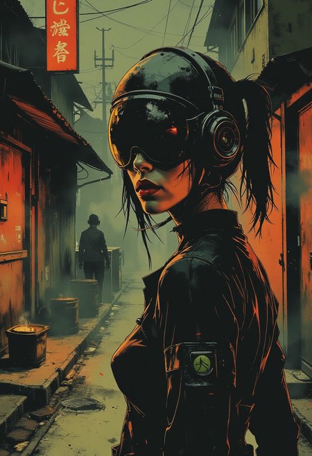 d4rkc0mic, japanese woman, cyberpunk, wearing full-face helmet with reflective visor reflecting the street around her, red lips, cyberpunk alley, neon signs, bokeh