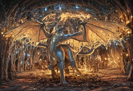 Dragon in Christmas cave, cave, festive cave, Christmas decorations, Christmas lights
(((Sparkling, Sparkly))) glowing dragon, christmas dragon, dragon wrapped in Christmas lights, glowing matrix, glowing Christmas lights, hyper realistic, photorealistic, HD, High detail, High detail eyes, high detail face, wings, glowing wings, light scales, glowing Christmas lights on wings, glowing light scales, tail, tail wrapped in Christmas lights, four legs, 
BREAK 
Snowy background