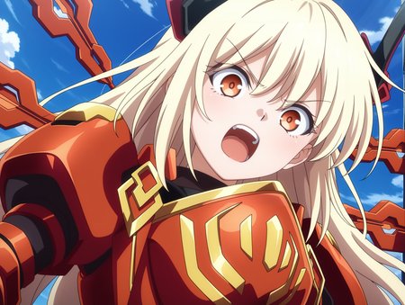 tv style,anime coloring,sky striker ace - raye,red power armor,mecha musume,official alternate costume,1girl,open mouth,solo,blue sky,looking at viewer,angry,parody,upper body,from below,v-shaped eyebrows,orange eyes,black bodysuit,red headgear,red sword wings,red breastplate,
masterpiece,best quality,amazing quality,very aesthetic,absurdres,newest,<lora:Sky striker ace - kagari illusXL v1:0.7>,