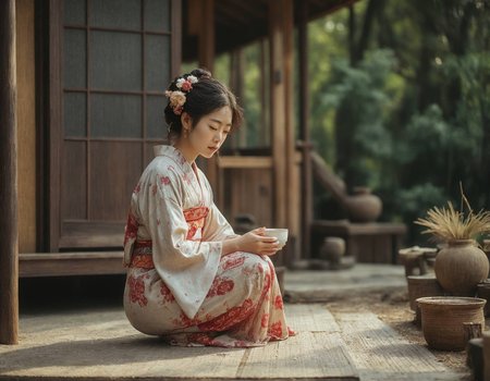 "A serene Japanese tea house nestled in a bamboo forest, bathed in soft morning light. A young Japanese woman in a traditional kimono kneels gracefully, her hands delicately holding a ceramic teacup. The scene is captured in 8K resolution, with vivid colors and cinematic depth, evoking a sense of tranquility and timeless beauty. Shot on a Canon EOS R5 with an 85mm lens, the image is a masterpiece of realism, blending cultural elegance with natural harmony."  
Style: Realistic, cinematic, serene.
Mood: Peaceful, elegant, meditative. <lora:detailed city by Kanto:1> detailed city, <lora:Flux.1_Turbo_Detailer:0.7> detailed