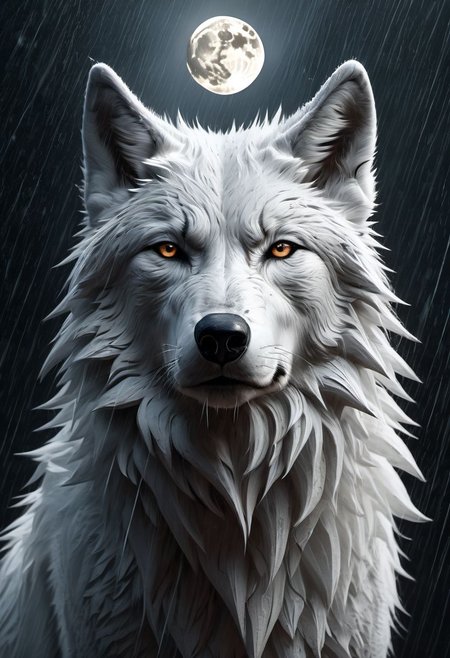 white wolf, sad, determined. lonely wolf, abandoned by his pack, (howling), mouth in shape of saying "oooooo", white fur, Royal, in a heavy rain, full moon, it's head is down, Post-Apocalyptic, Photorealistic, volumetric shading, Hyperdetailed, Dystopian, Elemental, Ethereal, Photorealistic, perfect composition, beautiful detailed intricate insanely detailed trending on artstation, 8 k artistic photography, photorealistic concept art, soft natural volumetric cinematic perfect light, chiaroscuro, award - winning photograph, masterpiece, raphael, caravaggio, greg rutkowski, beeple, beksinski, giger