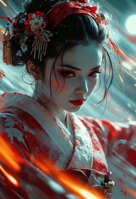 close-up of a geisha dancing, distortion, extreme camera angle view, bokeh, dark soothing atmosphere, epic, cinematic, vortex of electricity